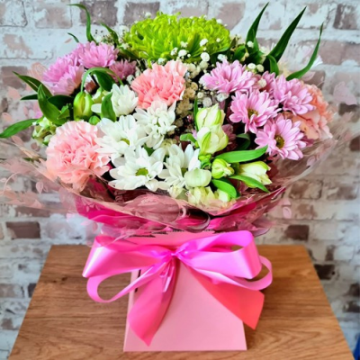 English Garden Handtie - A beautiful hand-tied bouquet, created using pink, white, and green flowers with complimentary foliage.