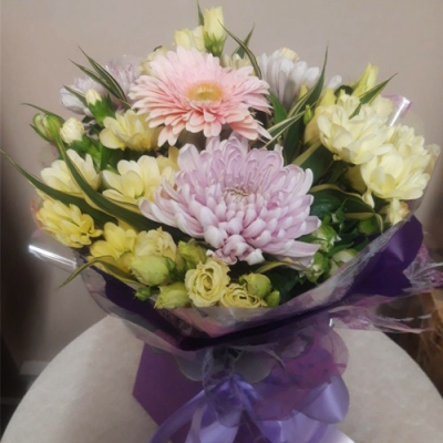 Out in the Woods Handtie - A lovely handtied bouquet, created using lilac, pale pink and white flowers with complimentary foliage.