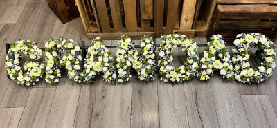 GRANDAD Funeral Tribute - A beautiful GRANDAD funeral letter tribute in soft white, green and blue tones, handcrafted by Daisy Chain Florist in Scunthorpe.