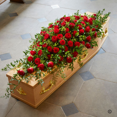 Red Rose Coffin Spray funeral eucalyptus wreath posy cushion spray - This red rose coffin spray captures deep love and devotion in the loss of someone very dear.  Daisy Chain Florist in Ashby, Scunthorpe, has an excellent, highly professional team to guide you through the process.  Daisy Chain sources only the best flowers from around the world to ensure your flowers are long-lasting and beautiful. 
If you'd like a different rose color, note it in the special instructions box.
Funeral flowers, red roses, preimum, coffin spray, 
Standard 3 ft, Medium 4 ft, Large 5ft