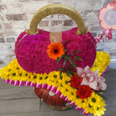Handbag Funeral Tribute - Vibrant Handbag funeral tribute posy wreath coffin spray