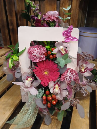 Happy Hearts orchid and gerbera arrangement Gift Bag Bouquet. - Happy Hearts Bouquets, birthday, anniversary, congratulations, get well, new home, orchid gerbera, pink, local, Daisy Chain ashby scunthorpe